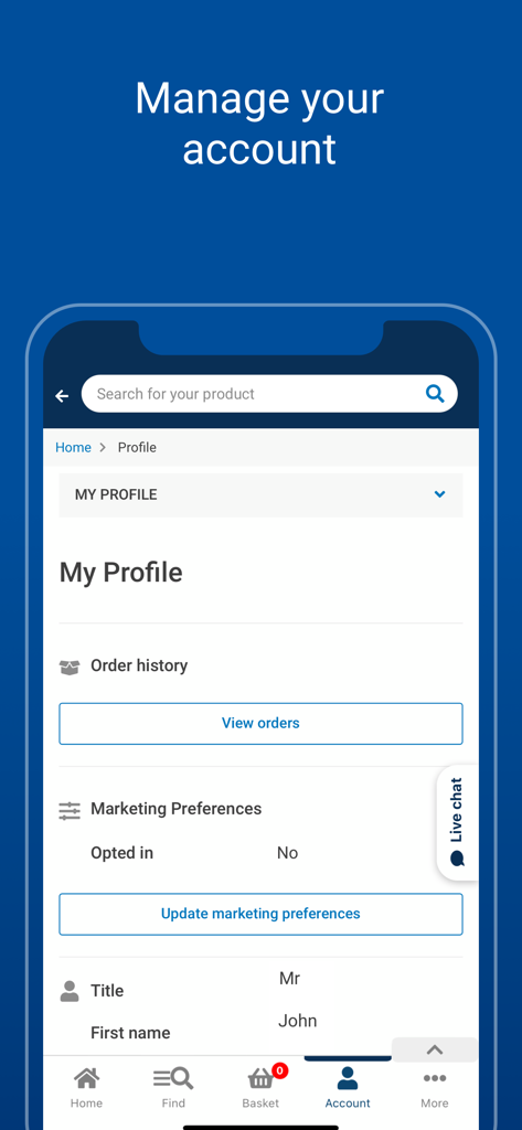 Wickes - DIY - User profile screen in the Wickes DIY app showing account management options and order history.