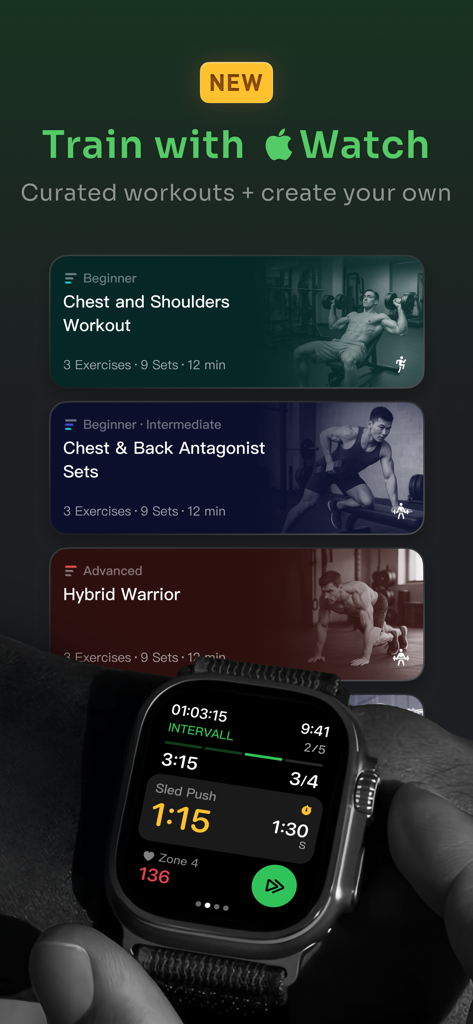Interface de l'application PeakWatch montrant des plans d'entraînement sélectionnés et une séance d'entraînement en direct sur Apple Watch