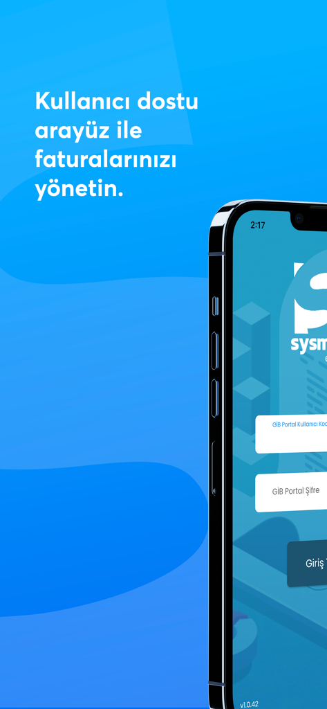 A smartphone displaying the login screen for the e-Arşiv Fatura mobile application with Turkish text highlighting user-friendly invoice management.