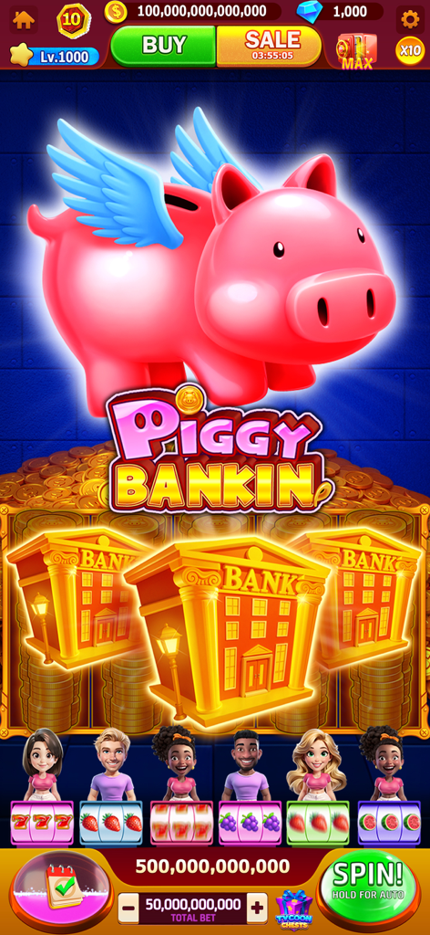 Screenshot del gioco mobile Jackpot Tycoon con la slot machine Piggy Bankin e un salvadanaio rosa alato