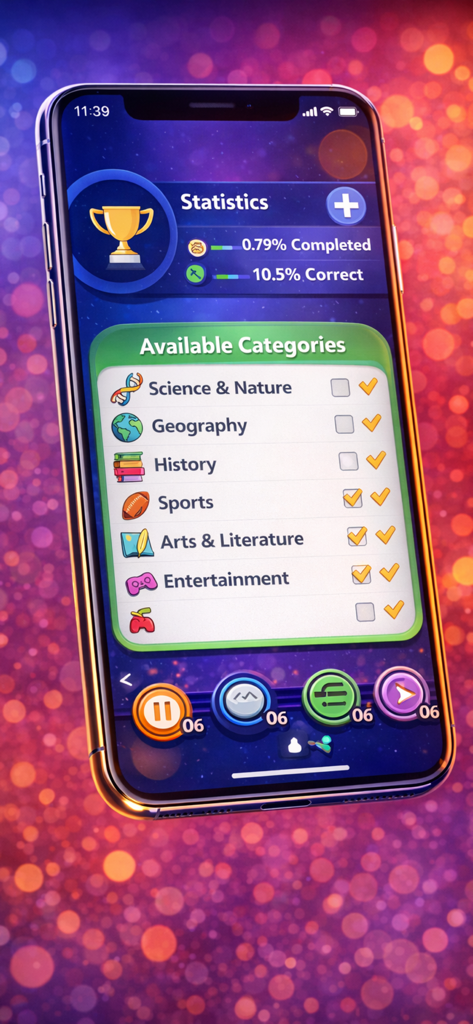 Trivia Quiz: General Knowledge - Trivia Quiz app interface displaying various quiz categories and game statistics.