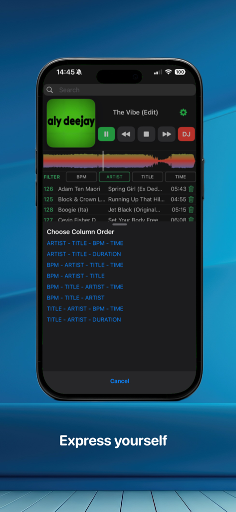 Mambo Player LITE app on iPhone showing DJ music player controls and custom playlist column options