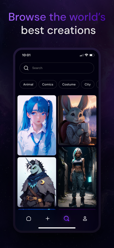 Fictional - Mobile app screen showing a search bar and a gallery of AI-generated characters including anime girls and animals.