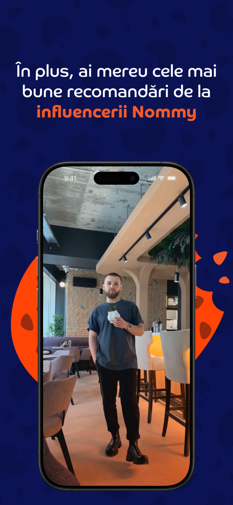 Pantalla de smartphone que muestra la aplicación Nommy Restaurant Club con recomendaciones de influencers gastronómicos.