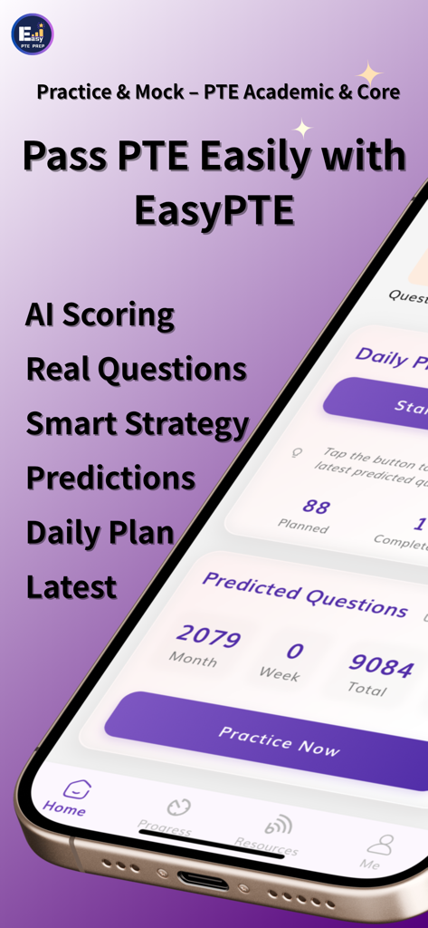 EasyPTE app interface showing AI scoring real exam questions and predicted questions for PTE prep