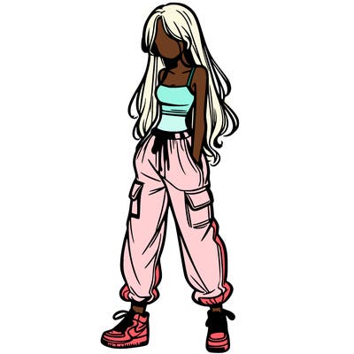 girl in baggy pants crop top and long hair