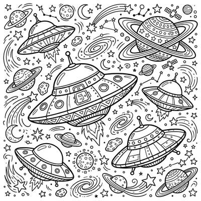 Prepare for an out-of-this-world coloring experience with this intricate page featuring a fleet of saucer-shaped UFOs. Journey through a vibrant galaxy teeming with planets, twinkling stars, and swirling cosmic phenomena.