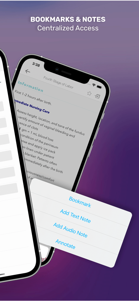 OB/GYN Peds Notes - Una captura de pantalla de la aplicación OB GYN Peds Notes que ilustra las funciones de marcadores y notas para estudiantes de enfermería.