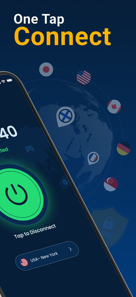 eEagle VPN - Fast & Secure - eEagle VPN interface showing one-tap connection and global server locations.