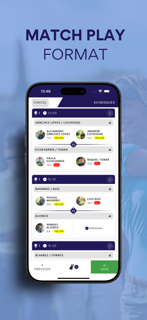 Golf Directo: Live Scoring - Una interfaz de aplicación móvil que muestra un calendario de torneos de golf match play con emparejamientos de jugadores y hándicaps