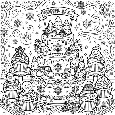 Welcome a little one with warmth and sweetness using this delightful winter baby shower coloring page. Featuring an enchanting tiered cake, festive cupcakes, and charming winter elements, it's perfect for celebrating new arrivals.