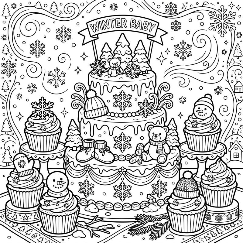 Welcome a little one with warmth and sweetness using this delightful winter baby shower coloring page. Featuring an enchanting tiered cake, festive cupcakes, and charming winter elements, it's perfect for celebrating new arrivals.