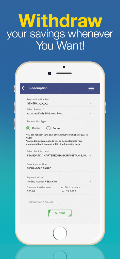 A mobile screen from the iSave app showing the process to withdraw savings from a mutual fund.