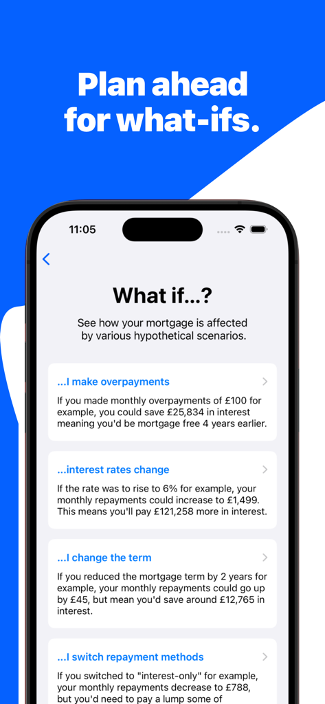 Mortgage Calculator: Mortgages - Mortgage Calculator app interface showing hypothetical loan scenarios for overpayments and interest rate changes