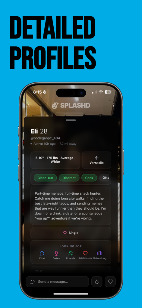 Splashd: Gay Dating & Cruising - Schermata del profilo dettagliato nell'app di incontri gay Splashd.