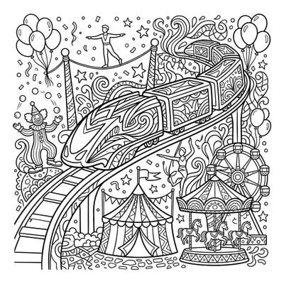 Dive into a fantastical world where futuristic maglev trains zoom through a lively carnival! This intricate design combines high-speed wonder with festive circus fun, promising hours of creative coloring.