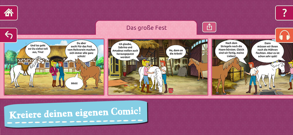 A three panel comic creation screen featuring Bibi and Tina with horses at a stable