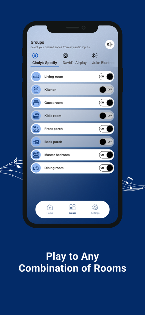 JUKE AUDIO - Interface of the JUKE AUDIO app showing multi-room zone selection and audio input grouping