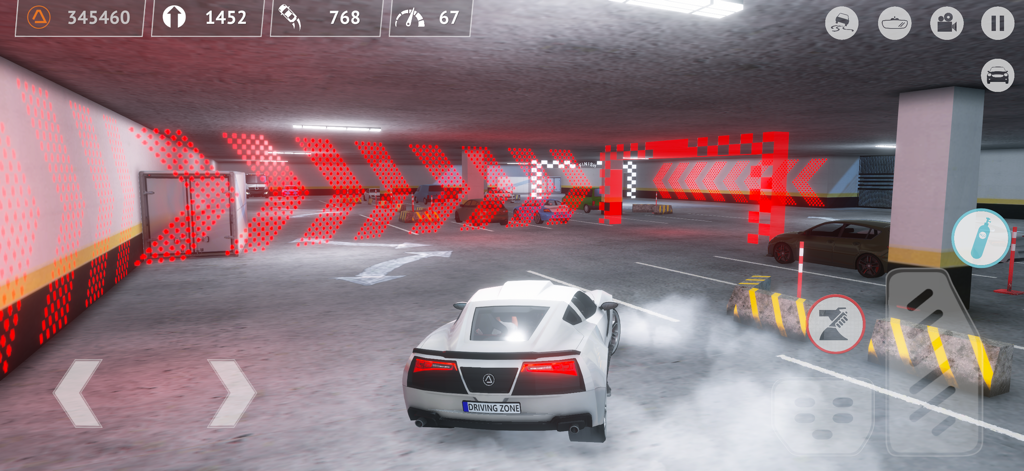 Driving Zone - A white sports car drifting in an underground parking garage with tire smoke