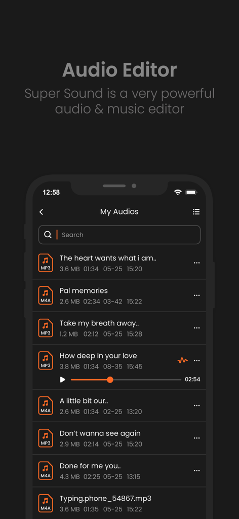 Interfaz de la aplicación AudioLab mostrando una lista de archivos de audio guardados con controles de reproducción y detalles del archivo