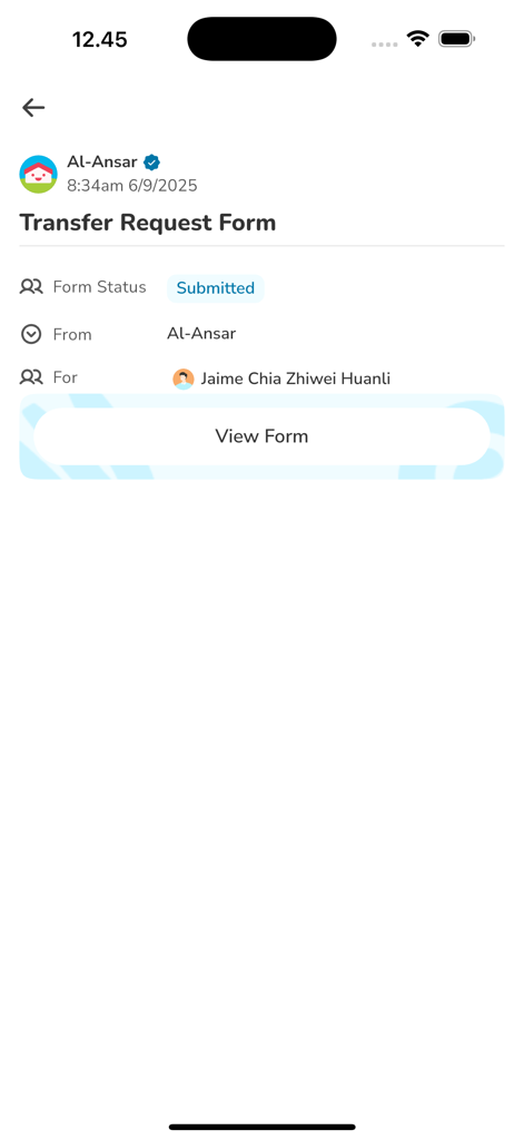 LittleLives for Parents - Screenshot of the LittleLives for Parents app showing a submitted school transfer request form status for a student