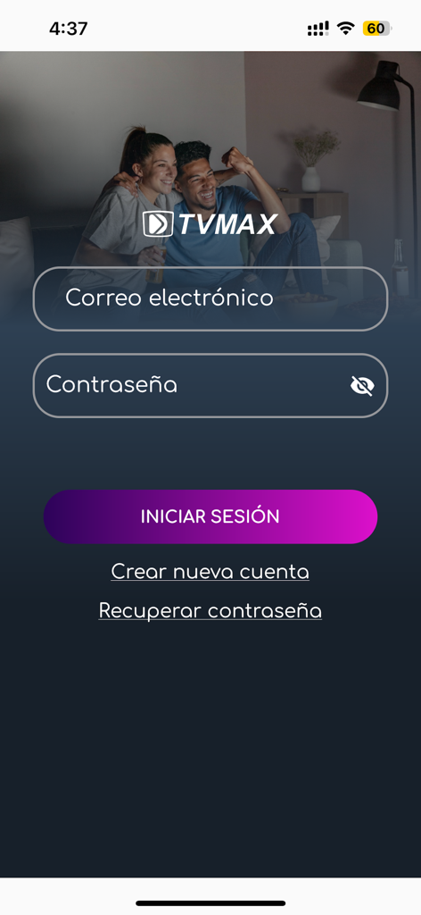 TVMAX - Spanish login screen for the TVMAX entertainment app