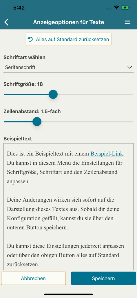 Textanzeige-Einstellungen in der FanFiktion.de-App, die Schriftart- und Abstands-Anpassungen zeigt