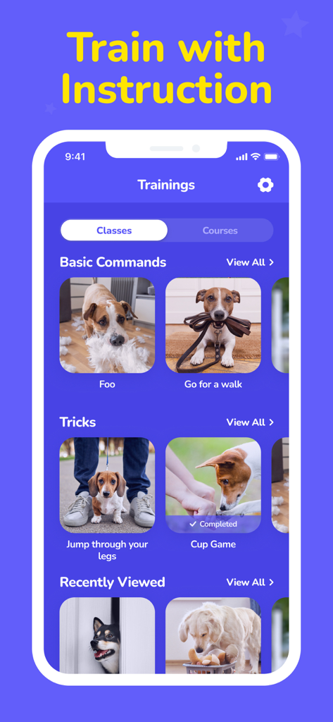 Dog Translator - Games for Dog - コマンドとトリックの犬のトレーニングクラスを示すモバイルアプリのインターフェース。