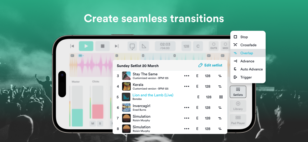 Prime MultiTrack App - Prime MultiTrack App interface showing a Sunday setlist and song transition settings like crossfade and overlap on a smartphone