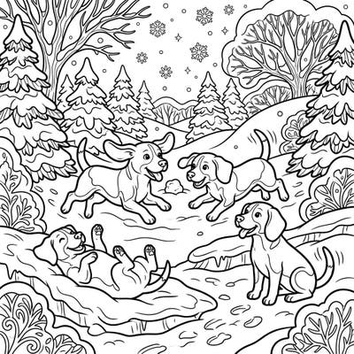 Unleash your creativity with this delightful coloring page featuring happy Beagles enjoying a playful romp in a snowy winter wonderland. Perfect for dog lovers and winter enthusiasts, this scene promises hours of coloring fun.