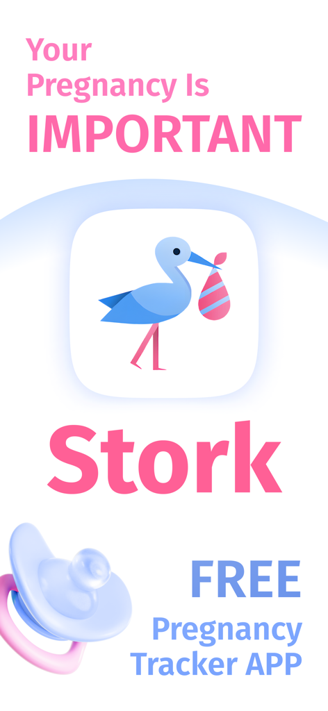 Introductory screen for Stork Pregnancy Tracker App featuring the stork logo and a baby pacifier