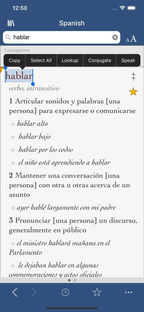 Spanish dictionary entry for the verb hablar in the Vox Comprehensive Spanish app showing definitions and tool options