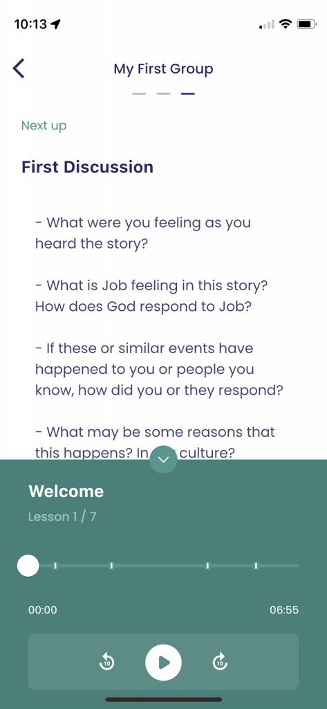THI Mobile App - THI Mobile App screen showing Bible based discussion questions and an audio player for a trauma healing group session