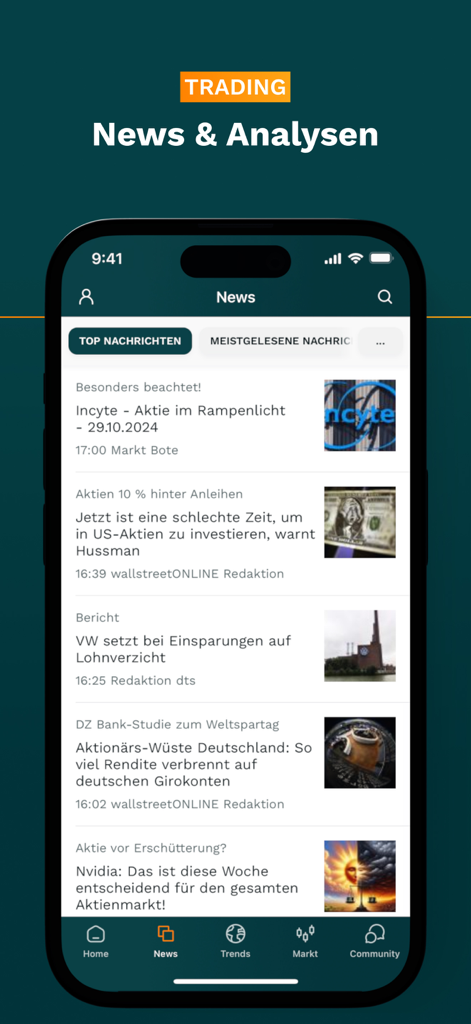 wallstreet online Stock Market - Screenshot of the wallstreetONLINE app displaying a feed of stock market news and financial analysis