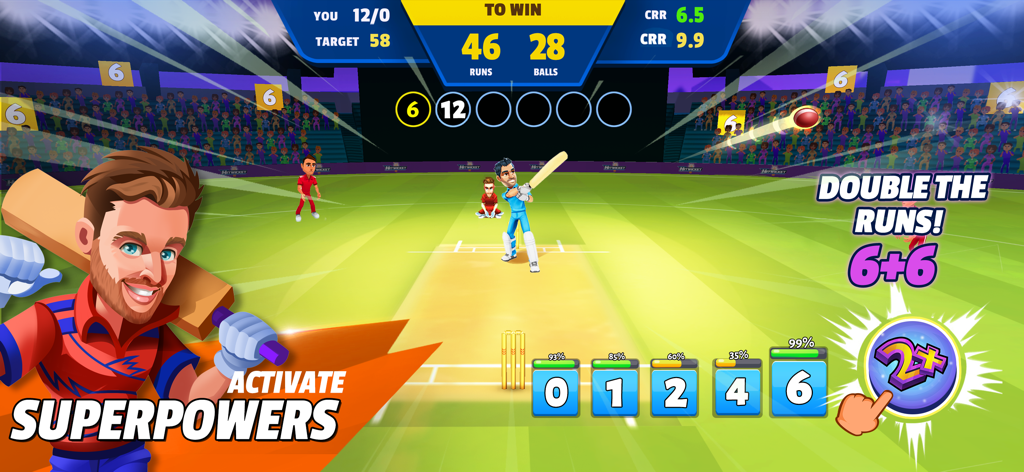경기 중 득점을 두 배로 만들기 위해 초능력을 활성화하는 것을 보여주는 Hitwicket 크리켓 게임 2025 게임 플레이 화면.
