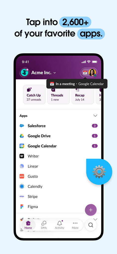 Slack mobile app interface showing a list of integrated business applications like Salesforce and Google Drive