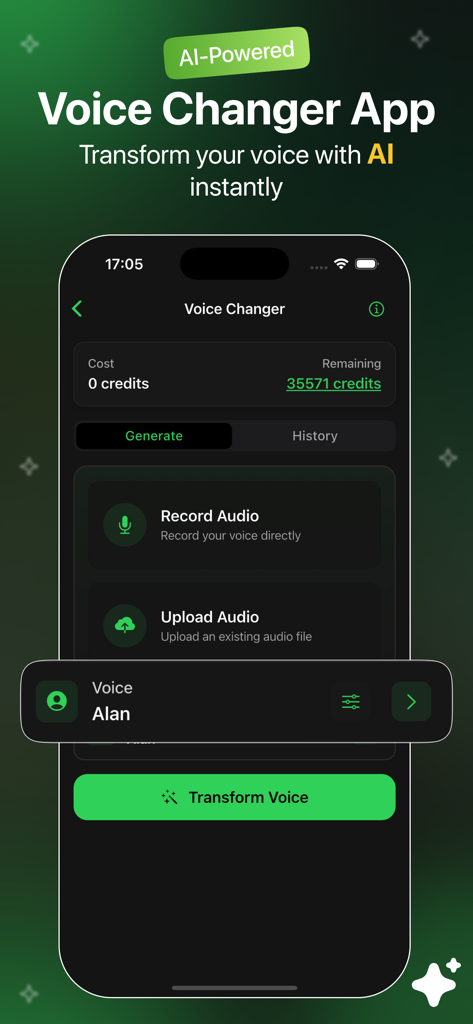 AI Voice Changer - TTS - Mobile app interface of AI Voice Changer showing options to record audio or upload files for voice transformation