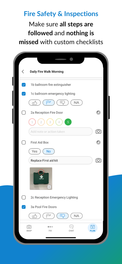 Snapfix: Smarter Maintenance - Snapfix mobile app screen showing a daily fire safety walk checklist for facility maintenance