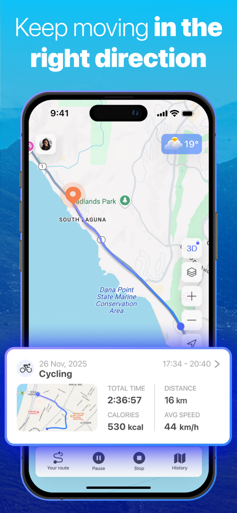Run, Bike, Walk, Hike tracker - Interface de smartphone de um aplicativo de rastreamento de fitness mostrando uma rota de ciclismo e resumo do treino.