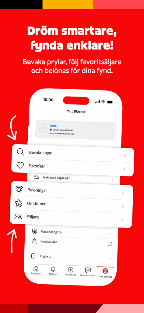 Blocket – köp & sälj begagnat - Ecrã do perfil do utilizador da app Blocket mostrando opções para alertas, favoritos e recompensas com um estado de utilizador verificado