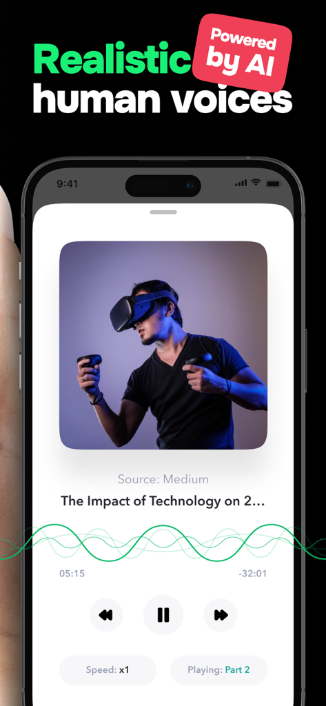 Peech: Text to Speech Reader - Peech app screen showing audio player with realistic AI voices