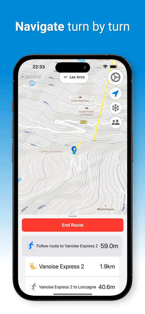 LastLift - Ski & Snowboard - LastLift app interface showing turn by turn ski navigation and resort map directions on an iPhone.