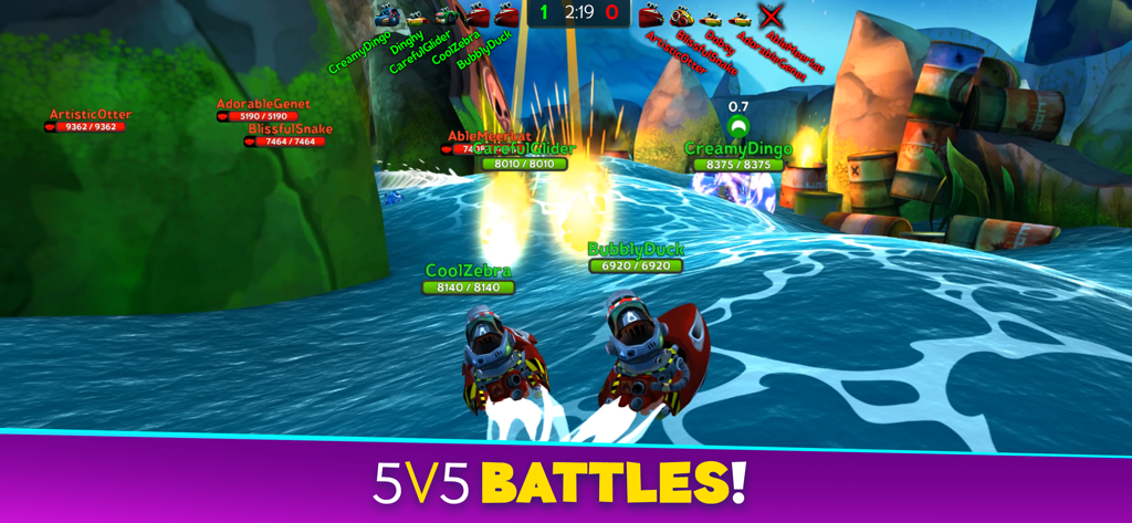 Battle Bay - Action packed 5v5 real time naval combat in Battle Bay featuring stylized ships and team names