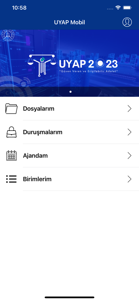 UYAP Mobil - UYAP Mobilのメインメニュー。司法ファイル、審問、議題のオプションが表示されています。
