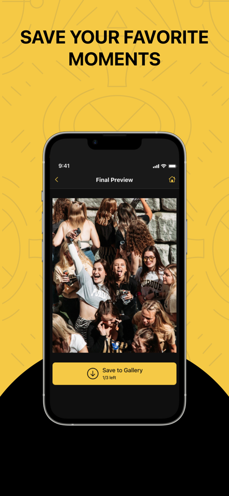 Smartphone-Bildschirm, der die Frame Grabber App mit einer Vorschau eines Gruppenfotos und einer Schaltfläche zum Speichern in der Galerie anzeigt.