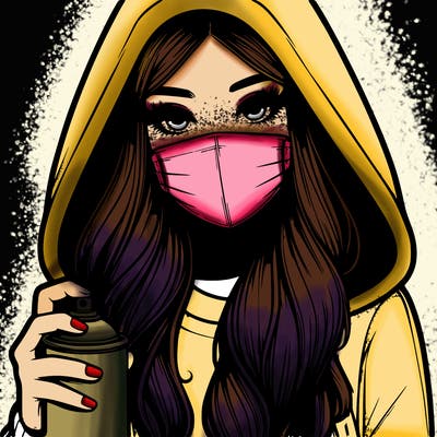 girl wearing a mask with long hair with her hood up spray-painting realistic