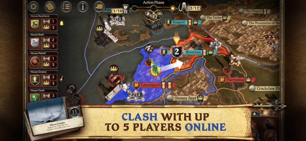 웨스테로스 지도와 온라인 멀티플레이어 옵션을 보여주는 왕좌의 게임 보드 게임의 게임플레이 스크린샷