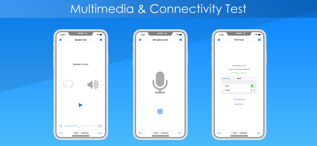 Test & Check for iPhone - Three iPhone screens displaying multimedia and connectivity hardware tests including speaker microphone and Wi-Fi