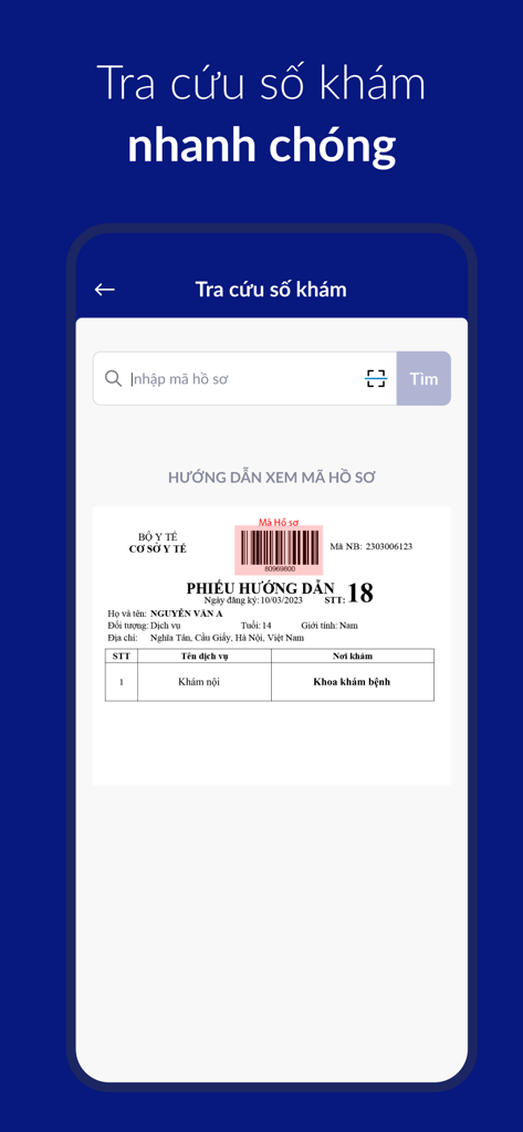 Xanh Pon Care app interface showing the medical record search screen with a guide on finding the record code on a printed slip