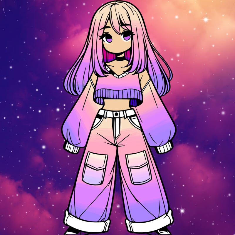 cute girl with straight hair in baggy jeans and a crop top and a sweater